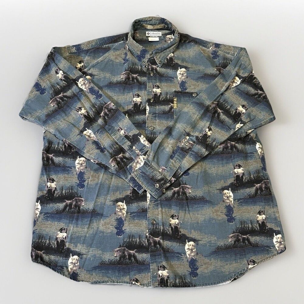 Columbia River Lodge XXL Button-Up Shirt – Dog Hunting Scene – Vintage Outdoor